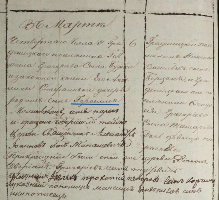 Запис про народження Герасима 4 березня 1836 року у метричній книзі Різдва Богородицької церкви с. Градениці 
