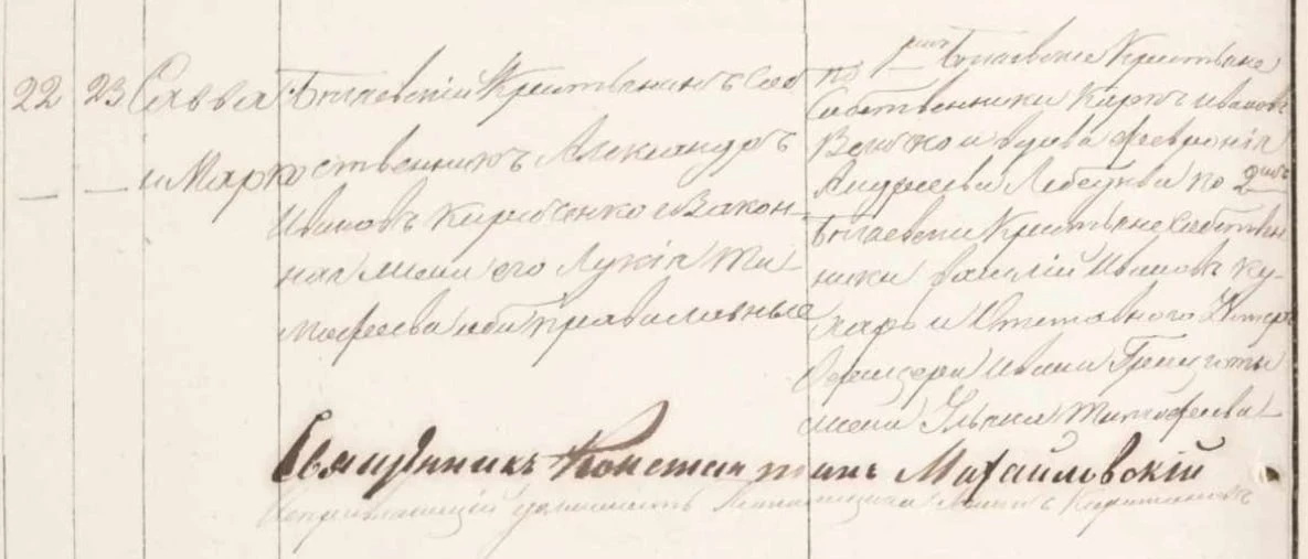 Запис про народження близнюків Савви та Марка 22 квітня 1876 року у метричній книзі Успенської церкви с. Біляївки