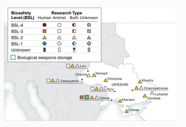 Карта, нібито, біолабораторій на території України, опублікована Габбард