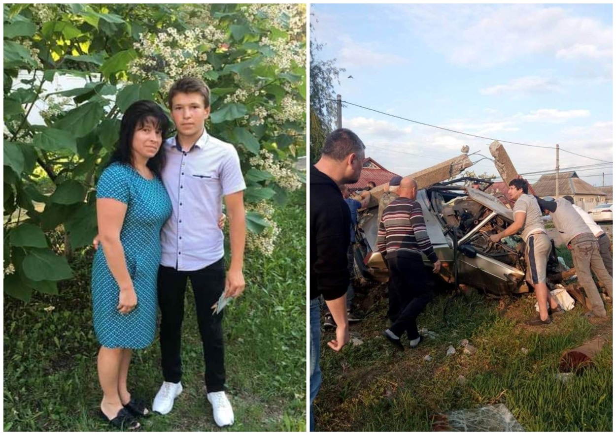 Ліворуч Алла з сином. Праворуч машина родини після ДТП, яке забрало життя двох людей. 
