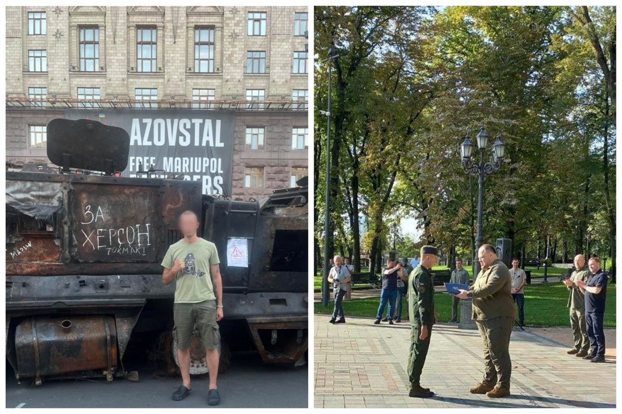 У Києві. Під час нагородження, Руслан Стефанчук вручає медаль Олександру.  