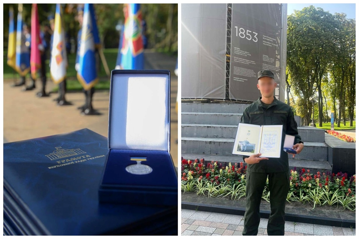 Олександр тримає нагороду від Верховної ради України