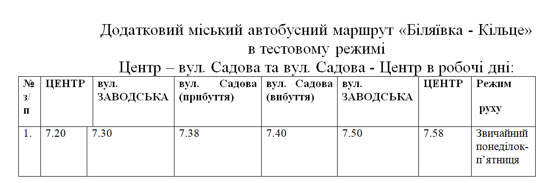 Графік руху автобусу "Біляївка-Кільце", додатковий рейс