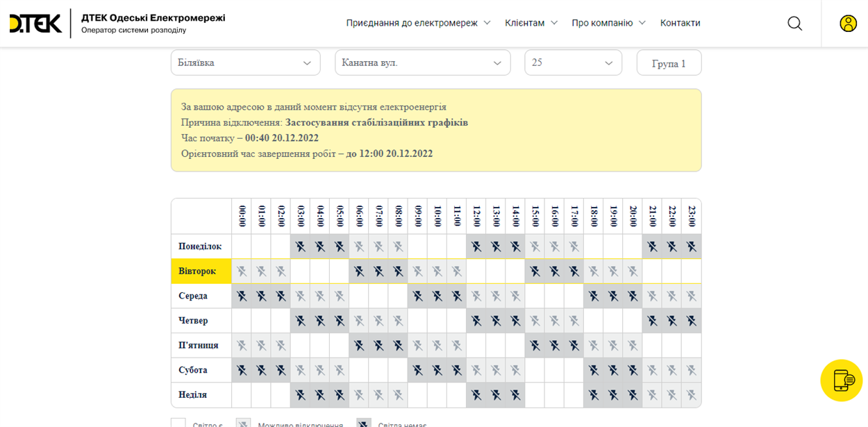 Приклад графіку відключень для адреси м.Біляївка, вулиця Канатна, 25