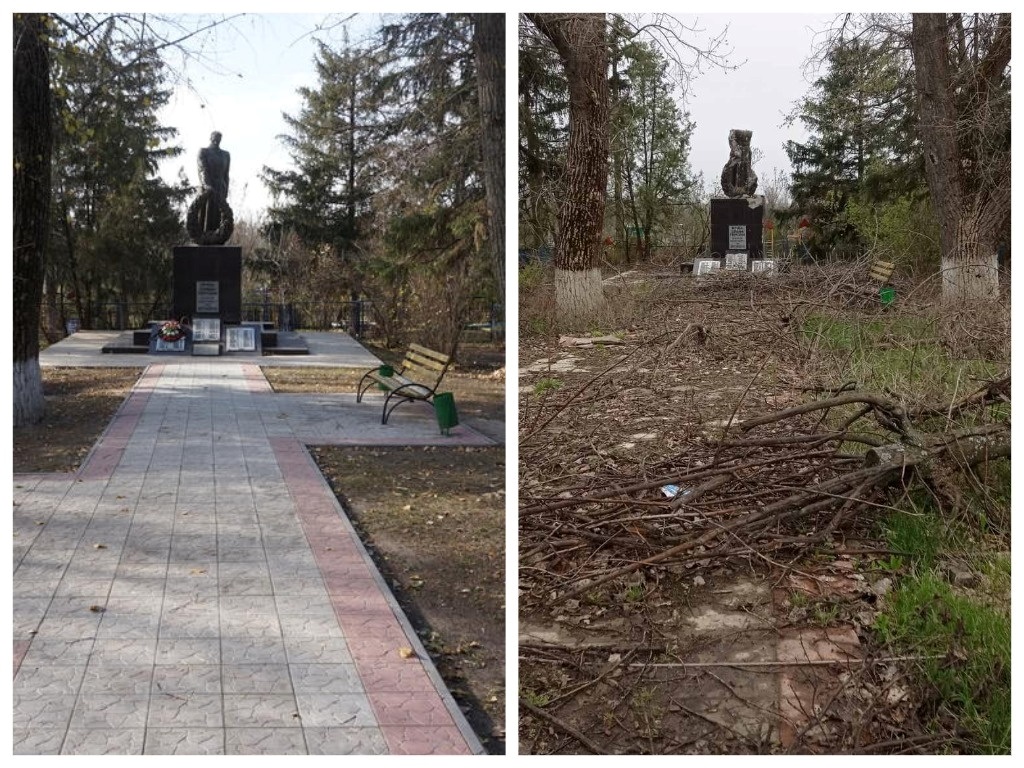 На фото ліворуч - так вшановували героїв ІІ-ої світової в Україні. На фото праворуч - що від пам'ятника залишили росіяни, село Перемога, Харківщина