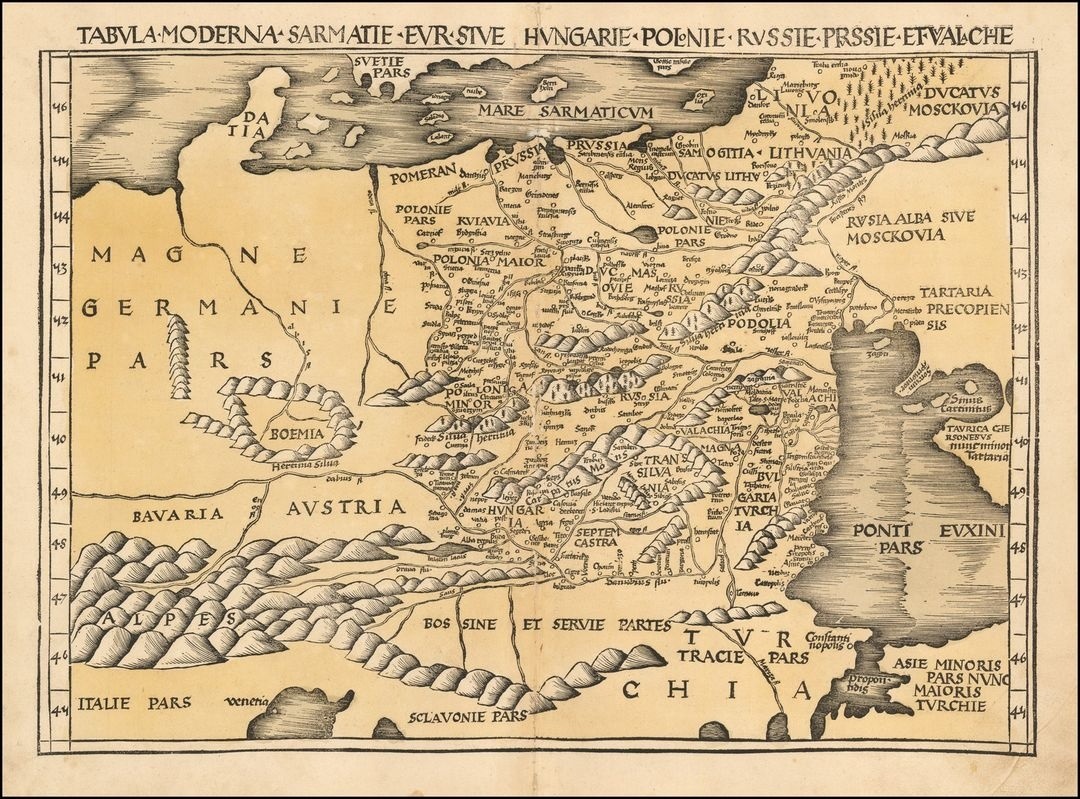 Мапа Martin Waldseemüller 1513 року опублікованій в Lorraine(Poland, Baltic, Hungary & Eastern Europe) Tabula Moderna Sarmatie Eur Sive Hungarie Polonie Russie, Prussie et Wallachie/ На мапі позначено Laginestra