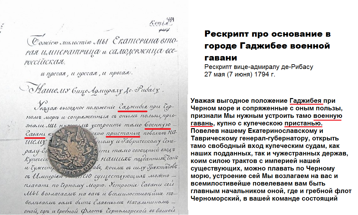 Рескрипт вице-адмиралу Дерибасу 27 травня (7 червня) 1794 року. Цей документ є у вільному доступі в Одеському краєзнавчому музеї.
Автор: https://www.facebook.com/profile.php?id=100064581616475
