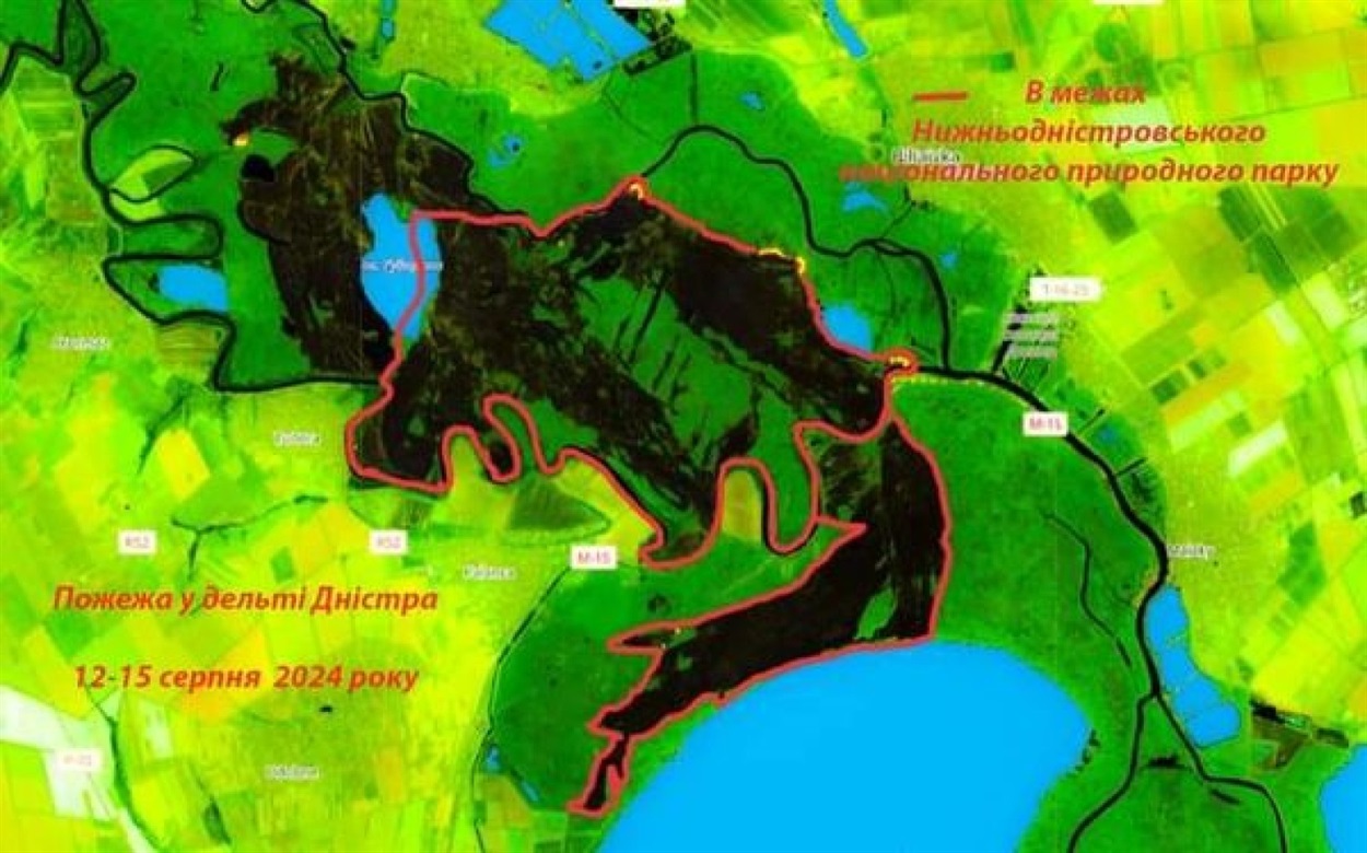 Територія, яку охопила пожежа 12-18 серпня 2024 року в Нижньодністровському нацпарку на Одещині