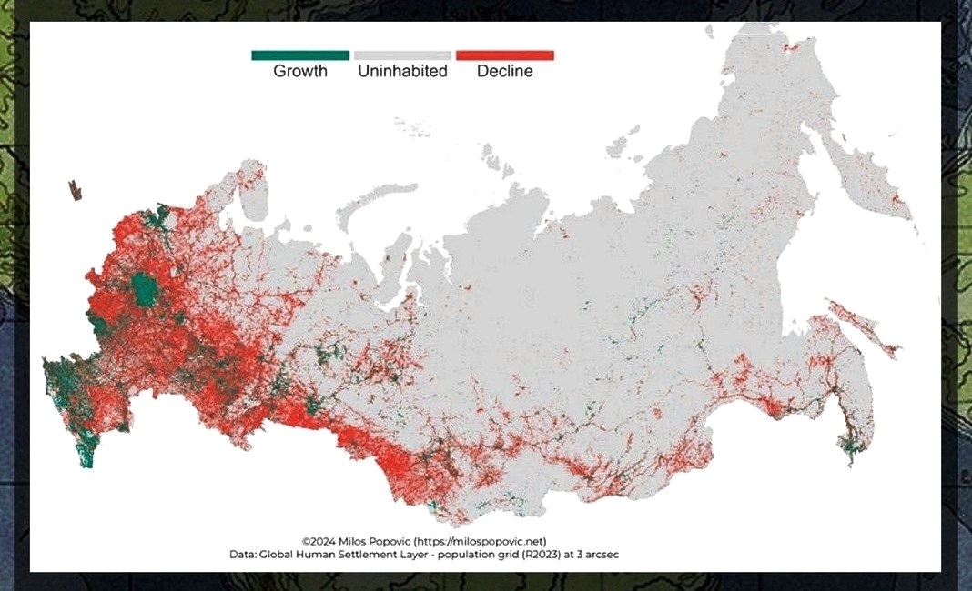 Так наразі виглядає карта розселення росіян. Сірий колір - незаселені території, червоний - зі зникаючим населенням, і лише зелений - зі зростаючим